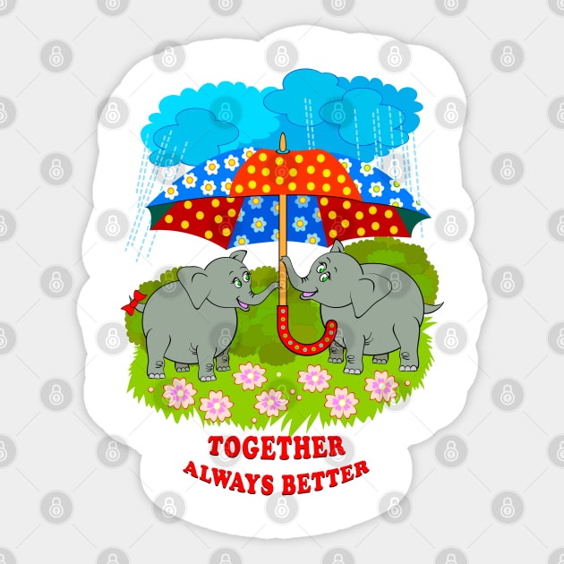 Two cute elephants holding umbrella Sticker by Artist Natalja Cernecka